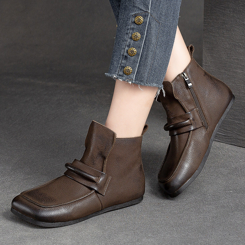 Women Retro Casual Leather Minimalist Flat Ankle Boots-RAIIFY