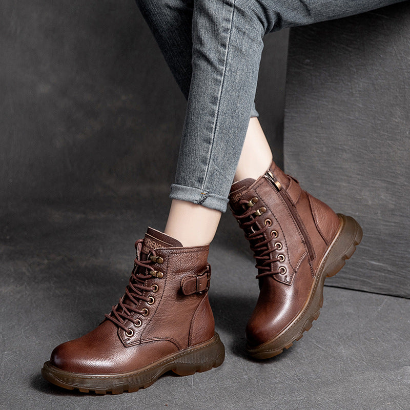 Women Retro Leather Flat Thick Soled Casual Boots-RAIIFY