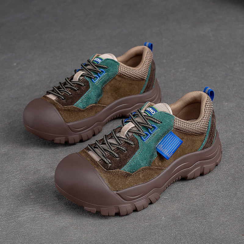 Women Color Matching Leather Thick Soled Casual Shoes-RAIIFY