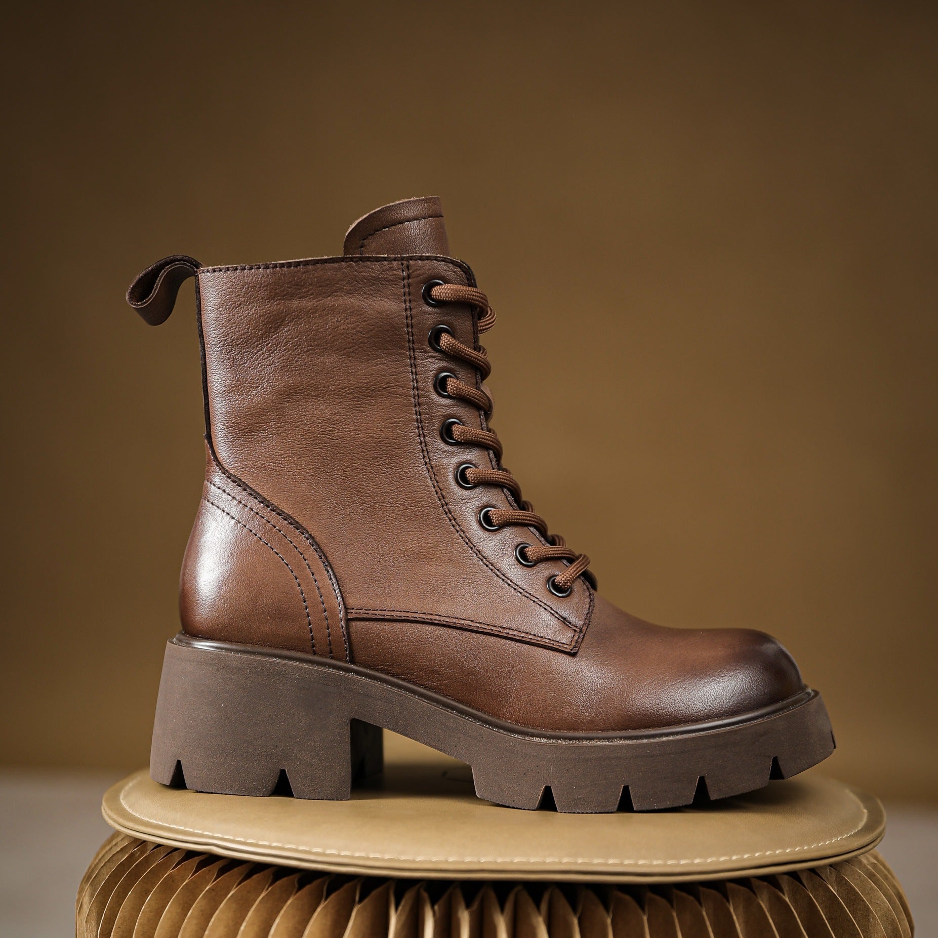 Women Classic Minimalist Leather Chunky Platform Combat Boots-RAIIFY