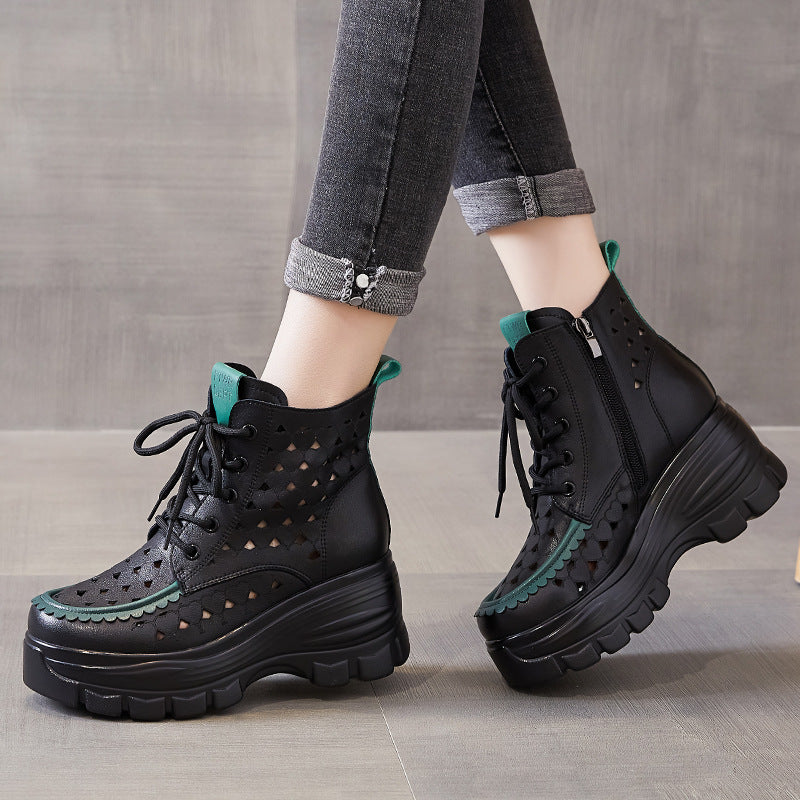 Women Summer Hollow Leather Platform Boots-RAIIFY
