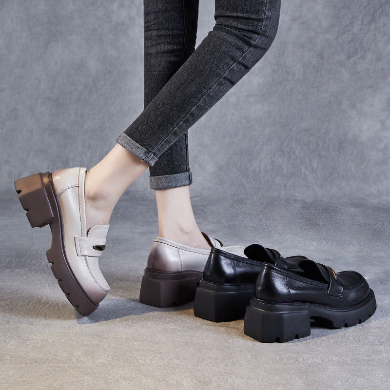 Women Minimalist Cowhide Retro Chunky Soled Loafers-RAIIFY