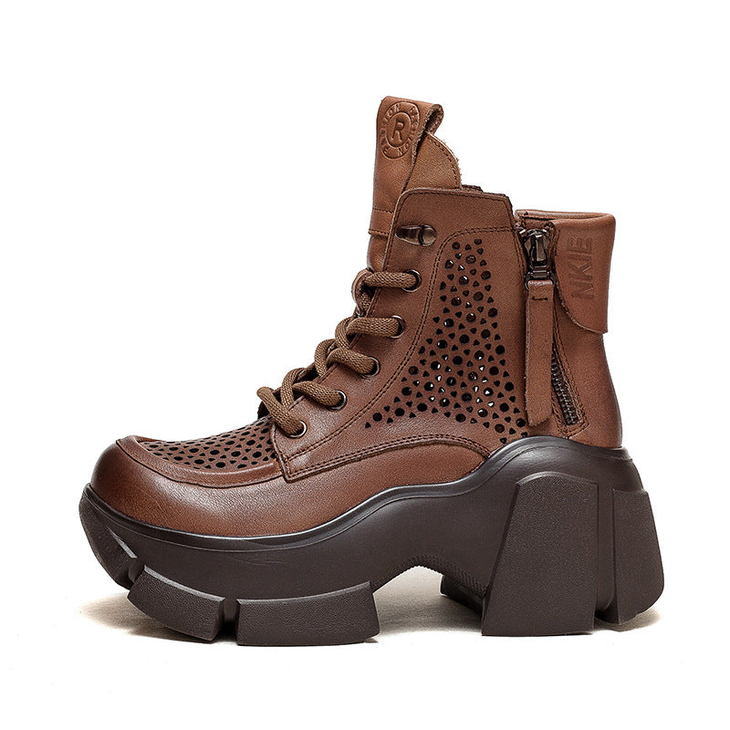 Women Summer Hollow Leather Chunky Platform Boots-RAIIFY