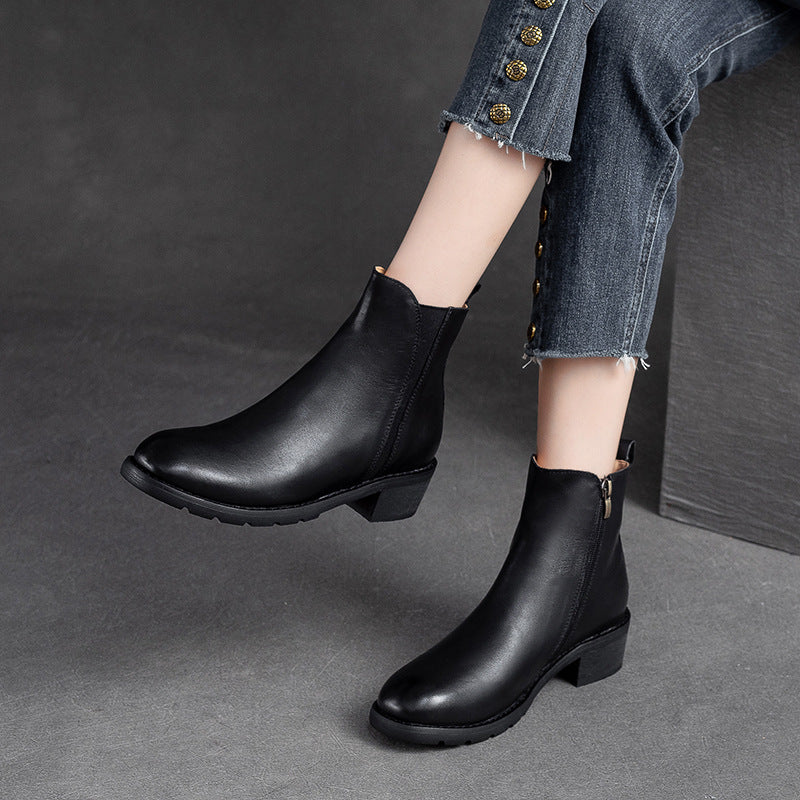 Women Minimalist Leather Casual Chunky Heel Boots-RAIIFY