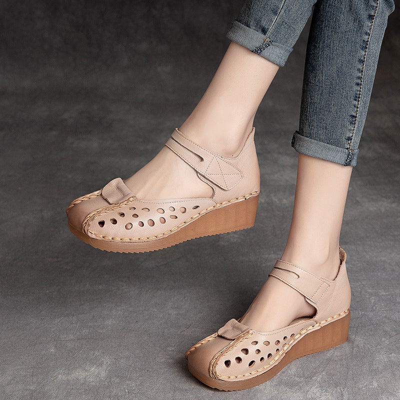 Women Summer Hollow Leather Wedge Casual Sandals-RAIIFY