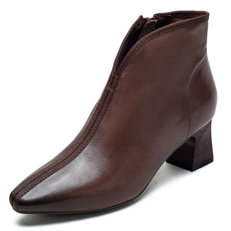 Women Retro Minimalist Leather Chunky Heel Boots-RAIIFY