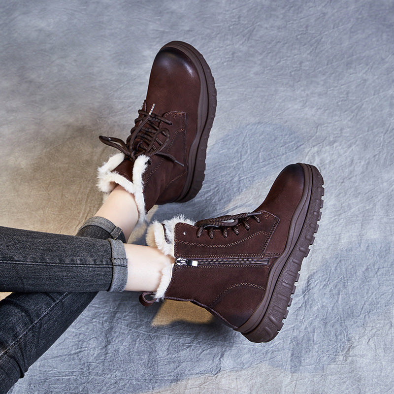 Women Retro Thick Soled Leather Snow Boots-RAIIFY