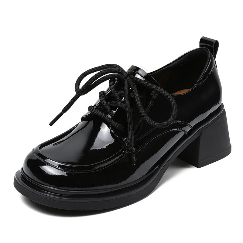 Women Minimalist Soft Glossy Leather Chunky Heel Shoes-RAIIFY