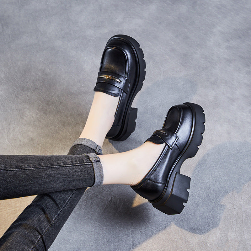 Women Minimalist Cowhide Retro Chunky Soled Loafers-RAIIFY