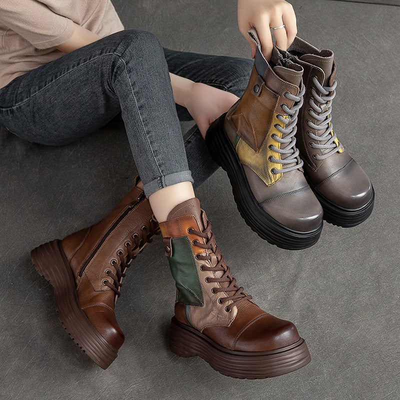 Women Retro Casual Leather Thick Sole Boots-RAIIFY