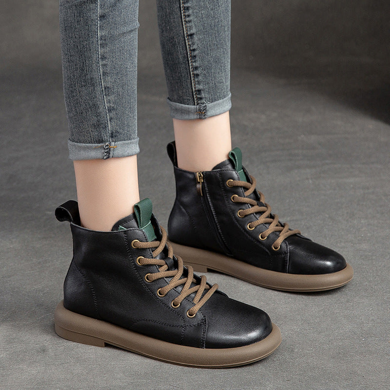 Women Retro Leather Casual Flat Ankle Boots-RAIIFY