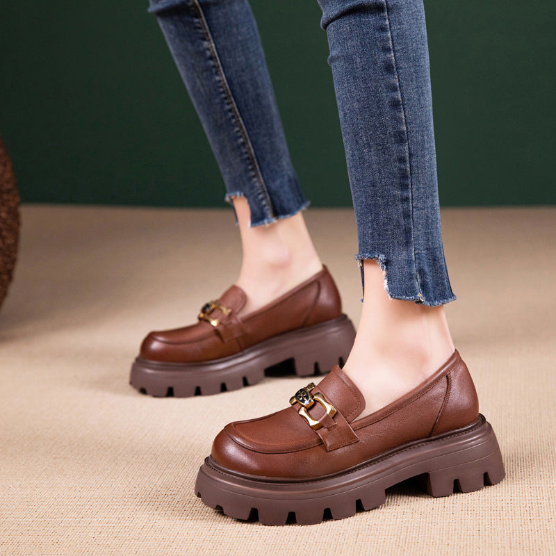 Women Retro Casual Cowhide Lug Sole Loafers-RAIIFY