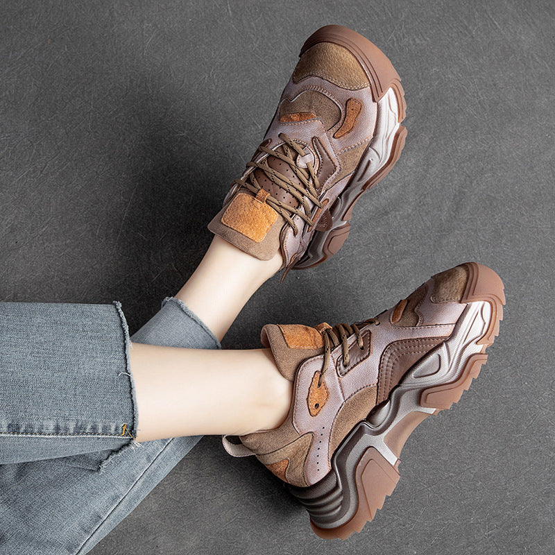 Women Retro Patchwork Leather Dad Sneakers-RAIIFY