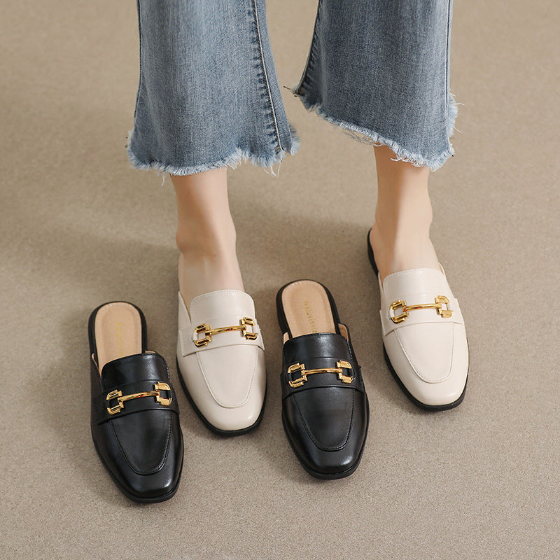 Women Retro Buckle Flat Mules Slip On Shoes-RAIIFY