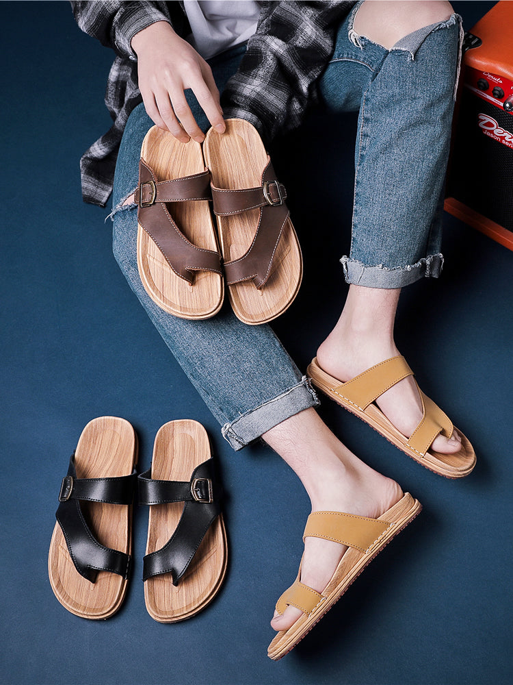 Men Summer Leather Beach Flip Flops Sandals Slides-RAIIFY