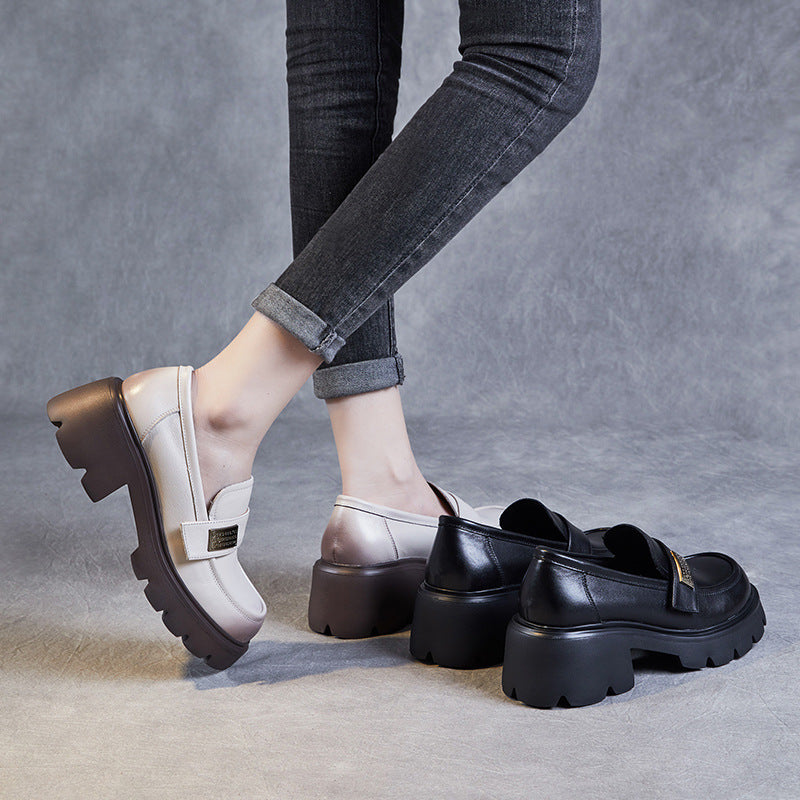 Women Retro Leather Chunky Platform Casual Loafers-RAIIFY