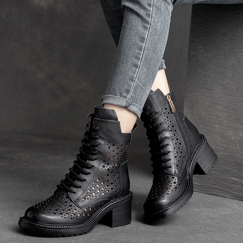Women Retro Hollow Leather Patchwork Chunky Heel Boots-RAIIFY