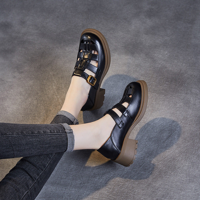 Women Summer Retro Leather Chunky Heel Sandals-RAIIFY