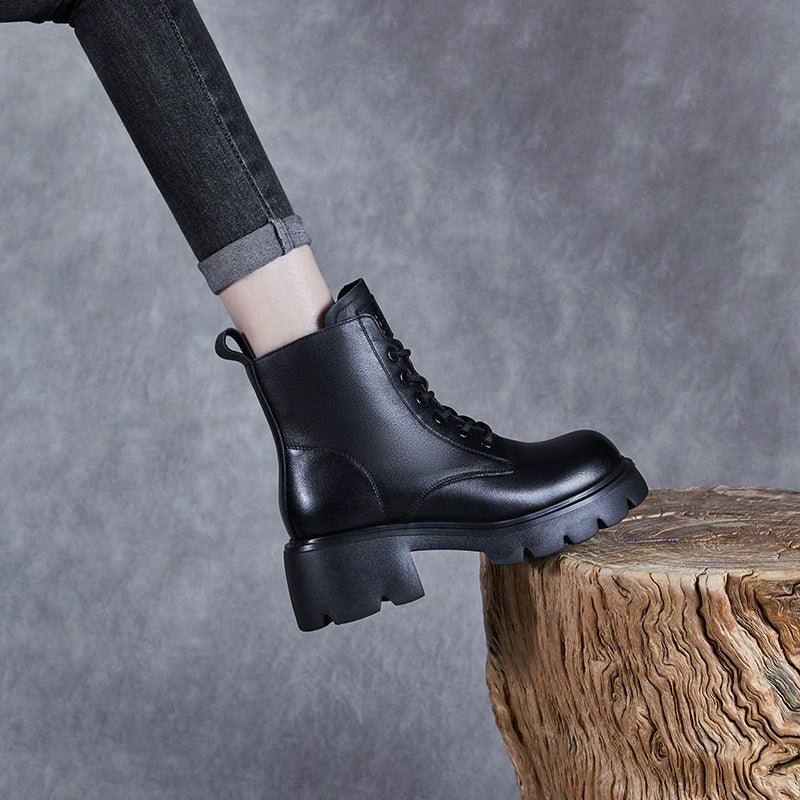 Women Minimalist Leather Furred Chunky Platform Boots-RAIIFY