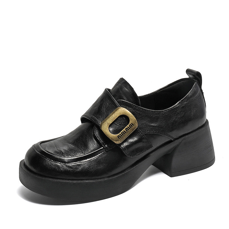 Women Retro Minimliast Leather Chunky Heel Loafers-RAIIFY