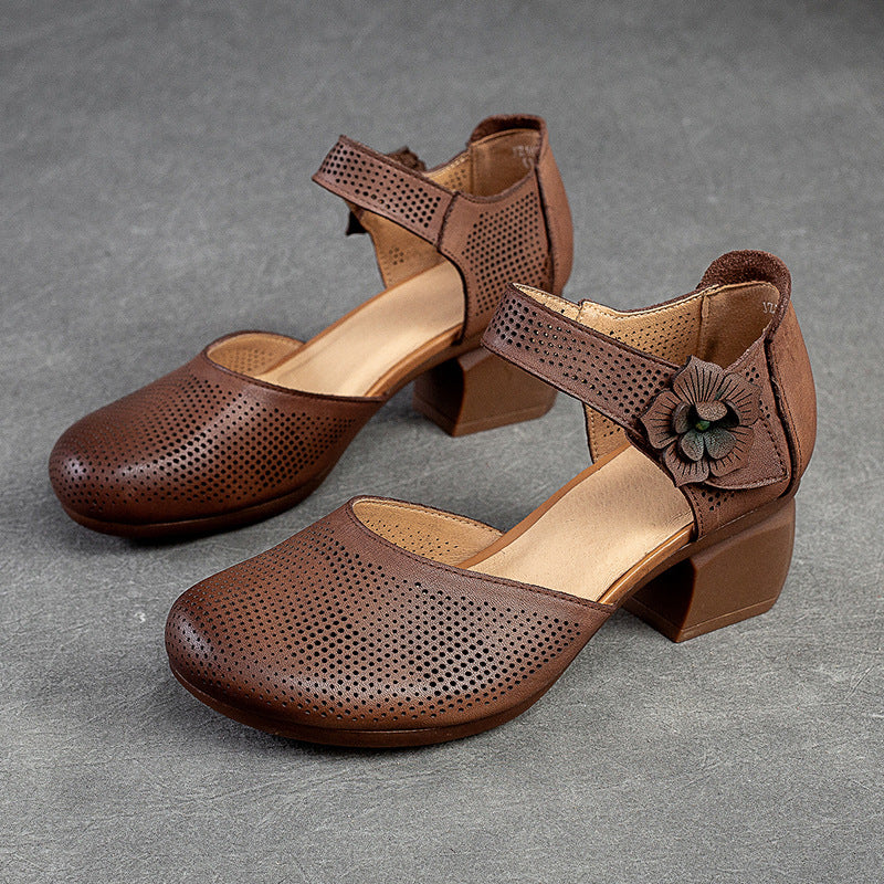 Women Summer Retro Velcro Leather Chunky Pumps-RAIIFY