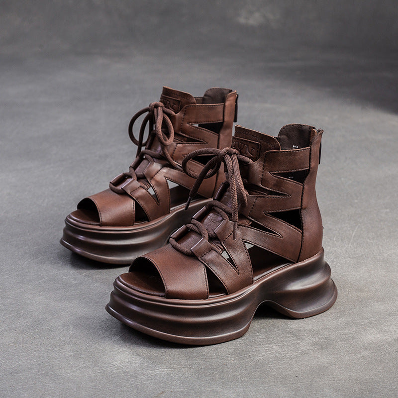 Women Retro High Top Leather Platform Sandals-RAIIFY