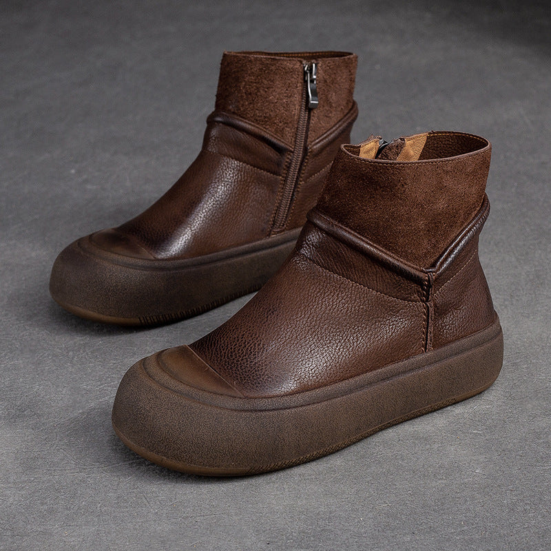 Women Retro Patchwork Leather Flat Ankle Boots-RAIIFY