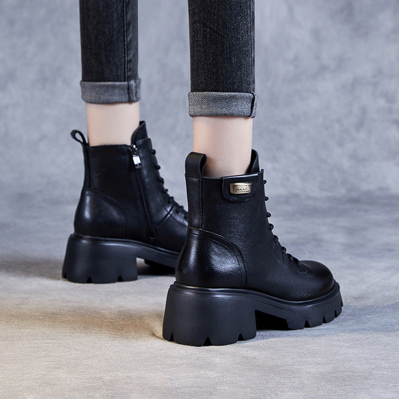 Women Retro Minimalist Leather Chunky Heel Boots-RAIIFY