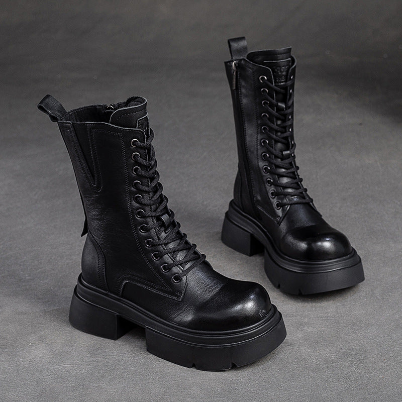 Women Retro Leather Chunky Platform Mid Calf Boots-RAIIFY
