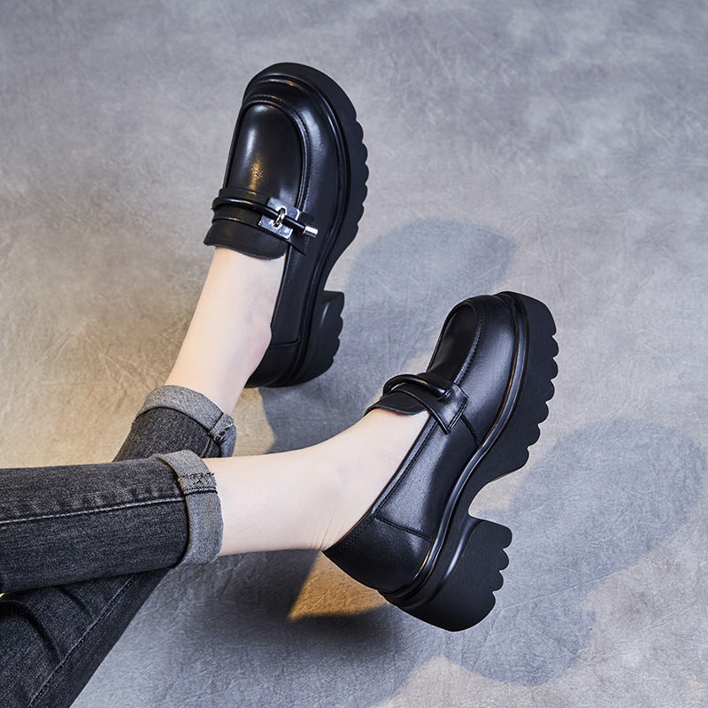 Women Retro Leather Casual Chunky Platform Loafers-RAIIFY
