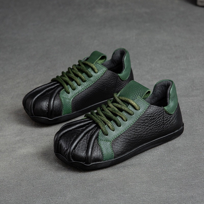 Women Retro Patchwork Leather Flat Casual Shoes-RAIIFY