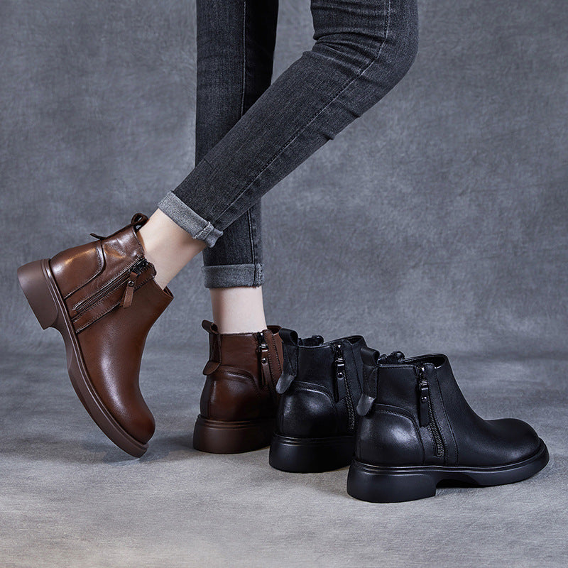 Women Minimalist Leather Double Side Zippers Ankle Boots-RAIIFY