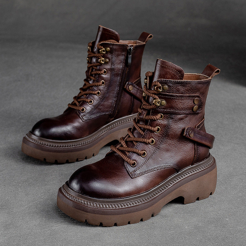 Women Retro Classic Leather Chunky Heel Boots-RAIIFY