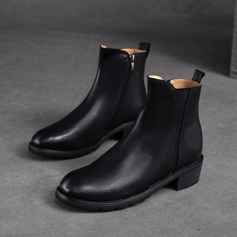 Women Minimalist Leather Casual Chunky Heel Boots-RAIIFY