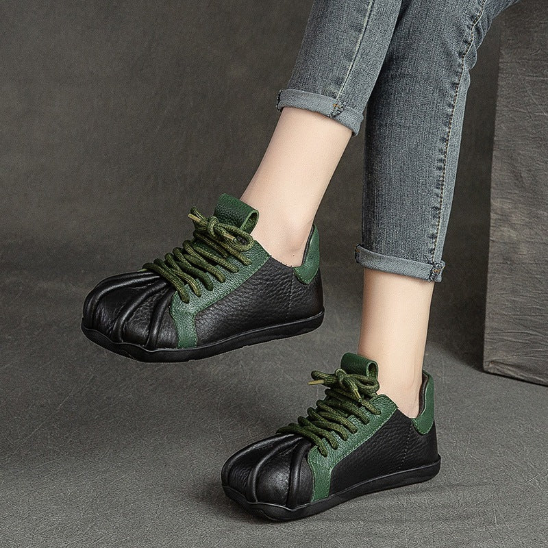 Women Retro Patchwork Leather Flat Casual Shoes-RAIIFY