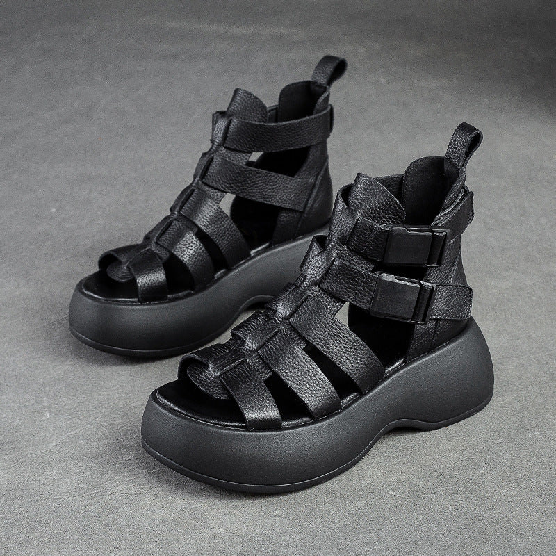 Women Summer Plaited Leather Chunky Platform Boots-RAIIFY