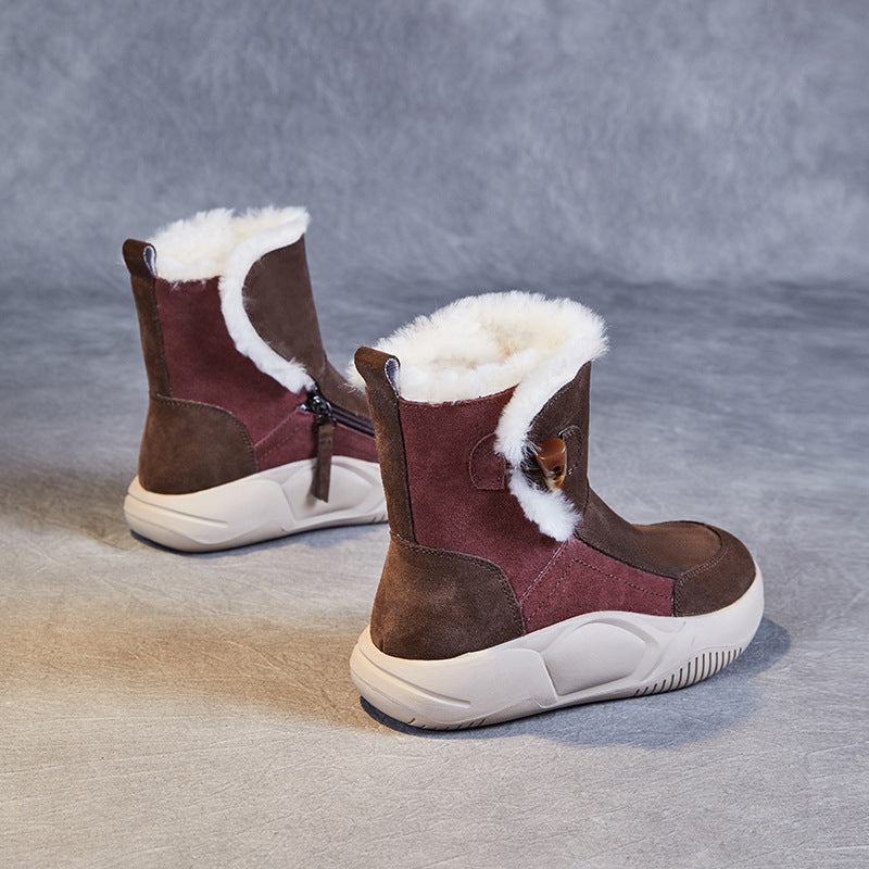 Women Retro Leather Casual Furred Snow Boots-RAIIFY