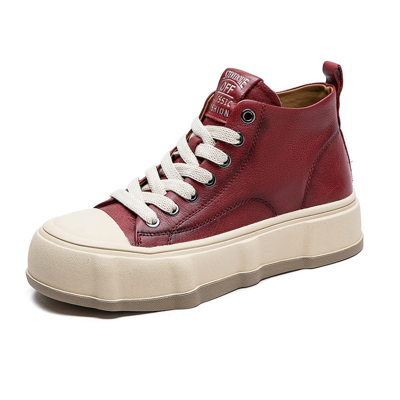 Women Fashion Cowhide Lace-up Casual Flat Ankle Boots-RAIIFY