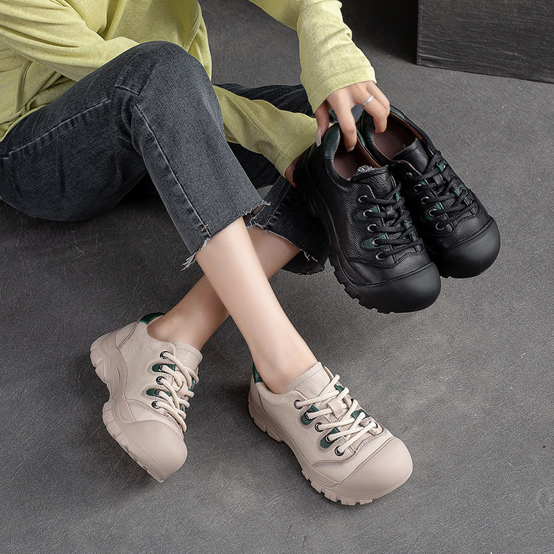 Women Retro Minimalist Leather Round Head Casual Shoes-RAIIFY