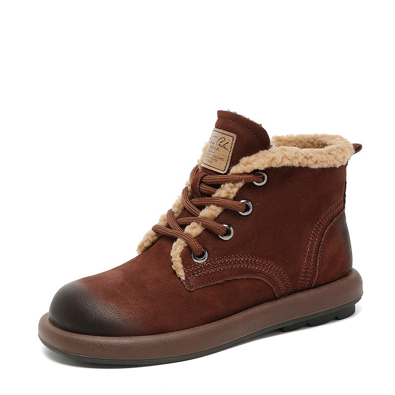 Women Winter Retro Nubuck Leather Flat Winter Boots-RAIIFY