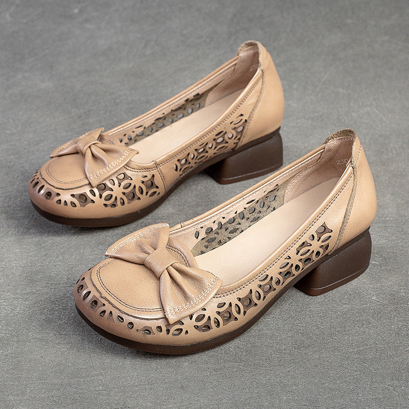 Women Summer Hollow Leather Low Chunky Heel Pumps-RAIIFY