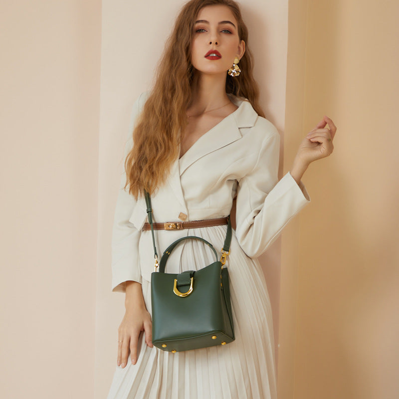 Women Fashion Cowhide Leather Bucket Crossbody Bag-RAIIFY