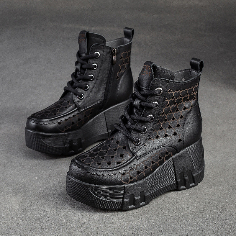Women Retro Hollow Leather Chunky Platform Boots-RAIIFY