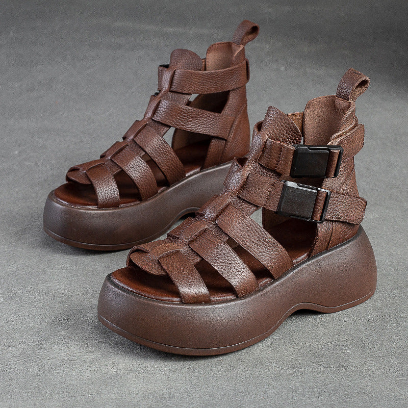 Women Summer Plaited Leather Chunky Platform Boots-RAIIFY