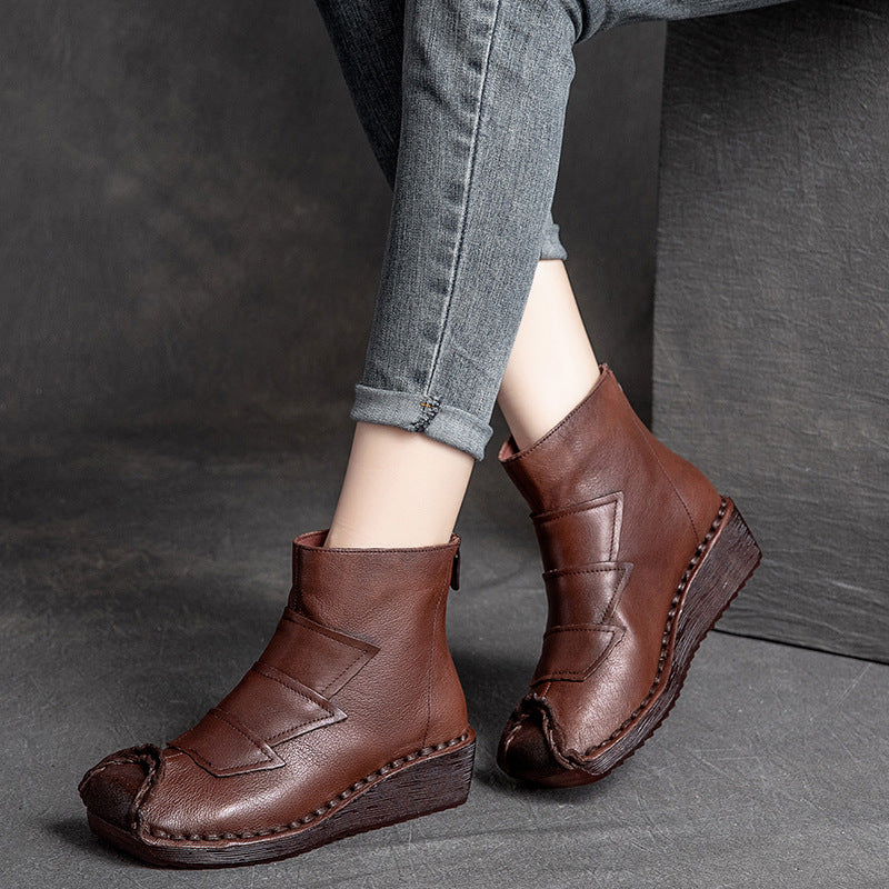 Women Retro Cowhide Low Wedge Casual Boots-RAIIFY
