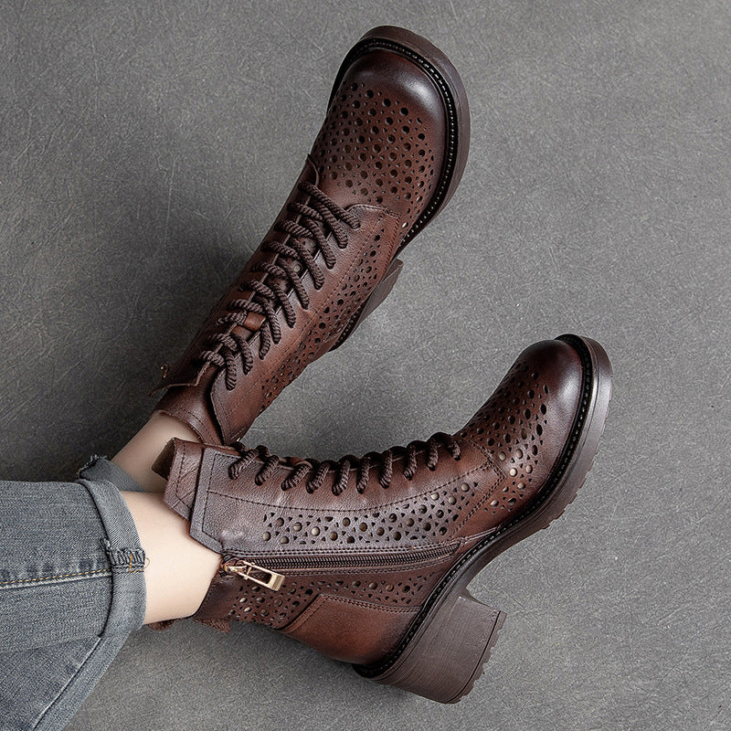 Women Retro Hollow Leather Patchwork Chunky Heel Boots-RAIIFY