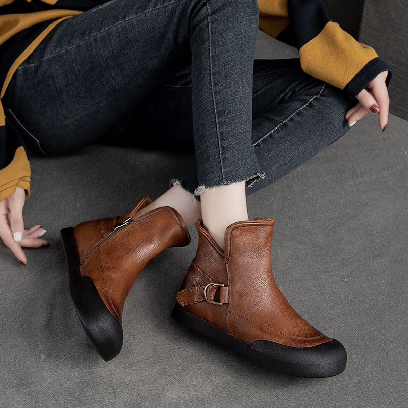 Women Retro Minimalist Leather Flat Casual Ankle Boots-RAIIFY