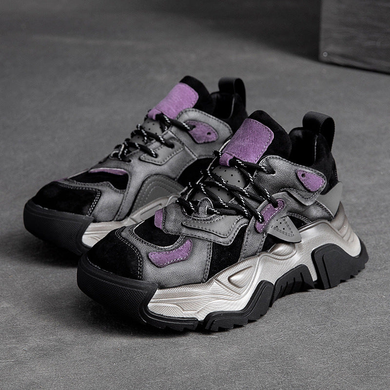 Women Retro Patchwork Leather Dad Sneakers-RAIIFY