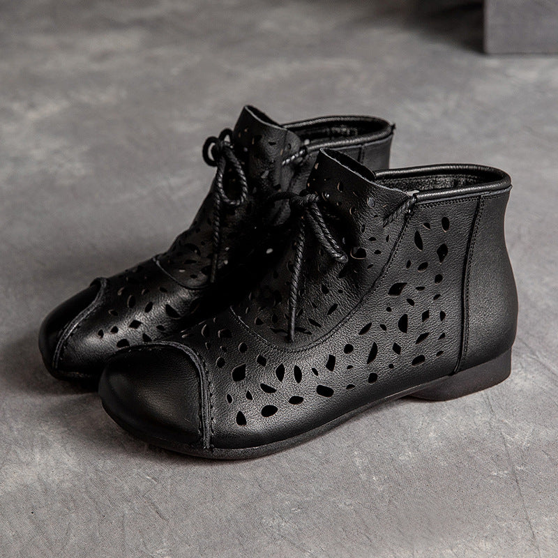 Women Retro Casual Hollow Leather Flat Ankle Boots-RAIIFY