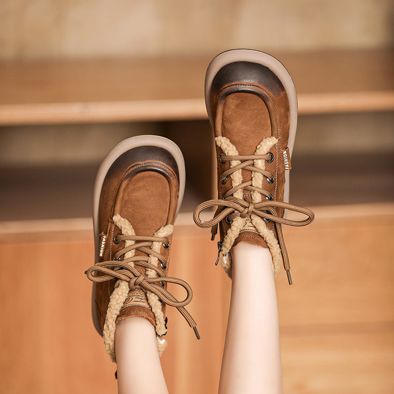 Women Retro Patchwork Leather Flat Winter Furred Boots-RAIIFY